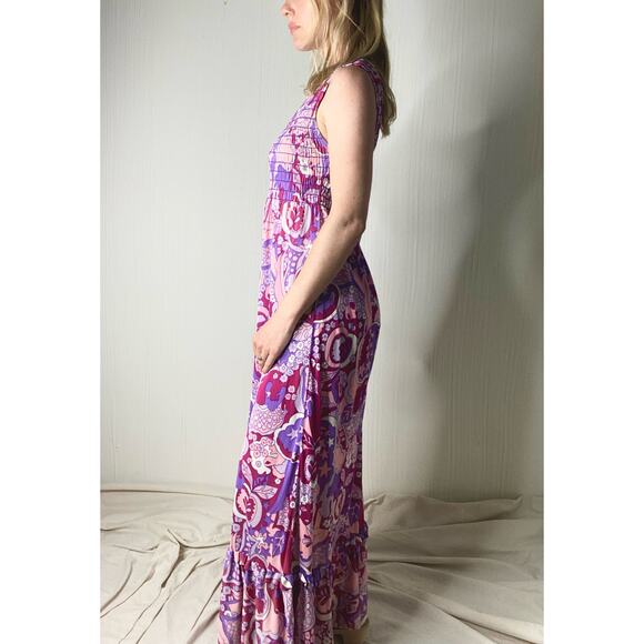 VINTAGE '60s JONATHAN LOGAN Groovy Flower Power Smocked Maxi Dress SMALL - Picture 4 of 12